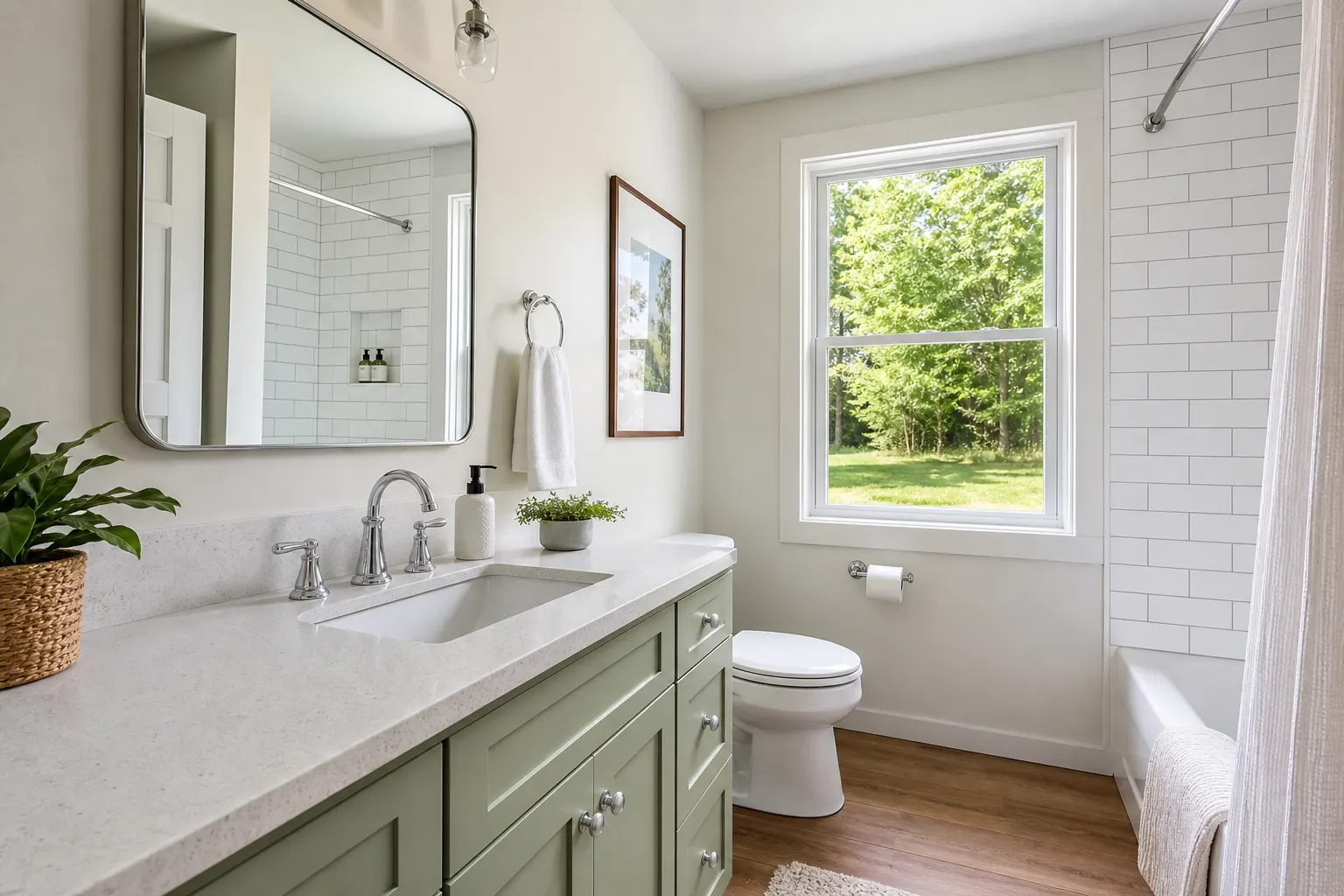 Finished bathroom remodel in an Alaska home — summer light